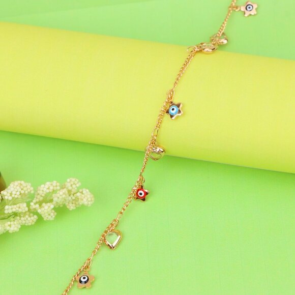 "Evil Eye Flower & Heart Charm Rose Gold Anklet, XPAL1190 - Picture 7 of 12